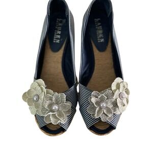 *Real Ralph Lauren Preppy‎ Wedges SZ 6B, Navy Stripe, Coastal Grandma Peep-Toe